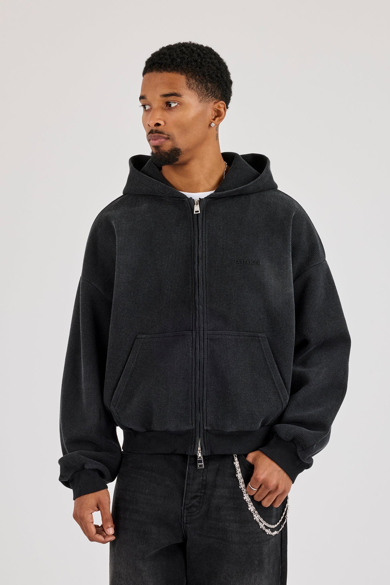 Acid Wash Waffle Boxy Zip Through Hoodie - Washed Black